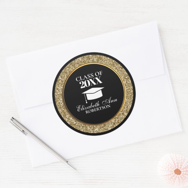 Classy Black and Gold Glittery Abschluss Runder Aufkleber (Umschlag)