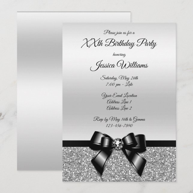 Classy Black Bow & Silver Glitzer Geburtstag Einladung (Vorne/Hinten)