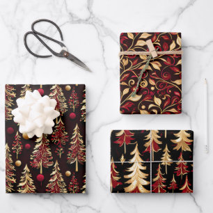 Classy Black, Burgund und Gold Weihnachtsbaum Geschenkpapier Set