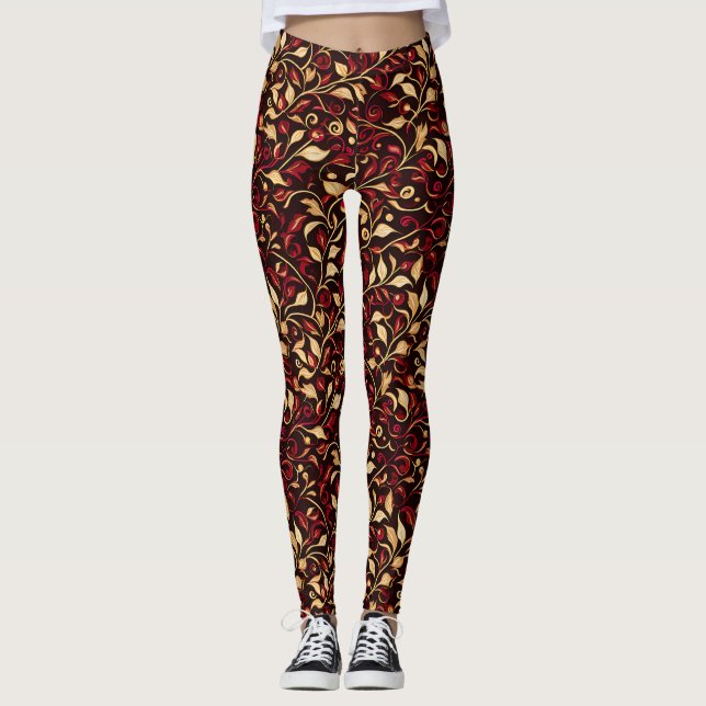 Classy Black, Burgundy und Gold Weihnachtsfolien Leggings (Vorderseite)