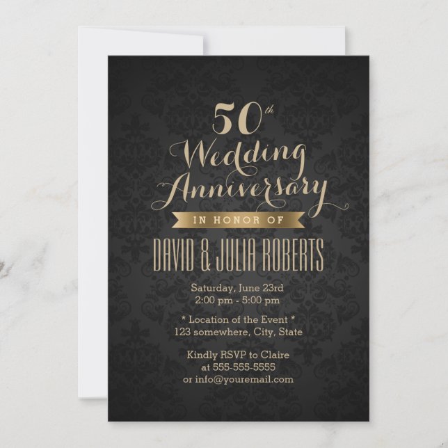 Classy Black & Gold 50. Hochzeitstag Einladung (Vorderseite)