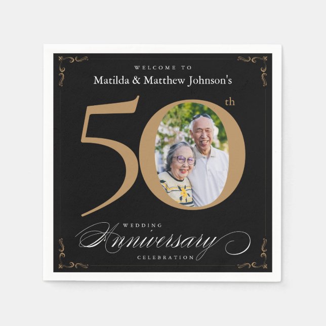 Classy Black Gold Calligraphy Nickerchen zum 50. J Serviette (Vorderseite)