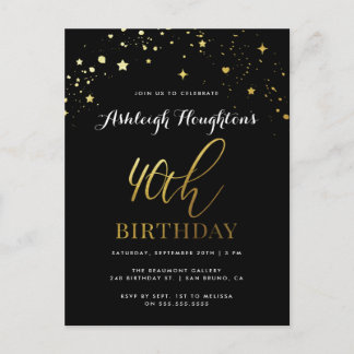 Classy Black & Gold Confetti 40. Geburtstag Einladungspostkarte