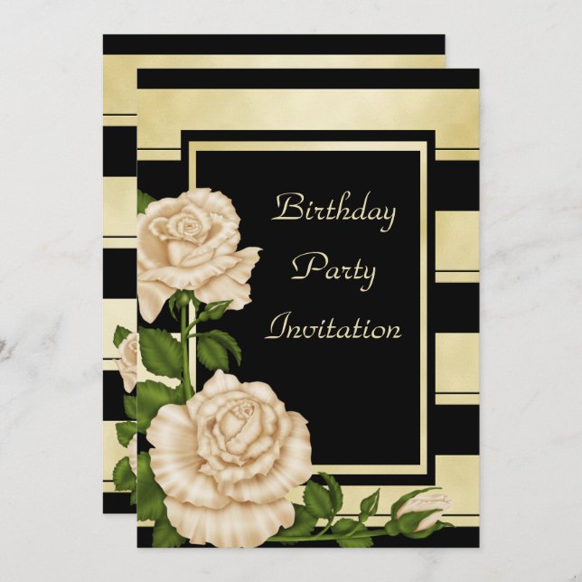 Classy Black & Gold gestreift floral Geburtstag Einladung (Vorne/Hinten)