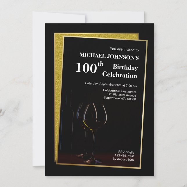 Classy Black Gold Glitzer 100. Geburtstag Einladung (Vorderseite)