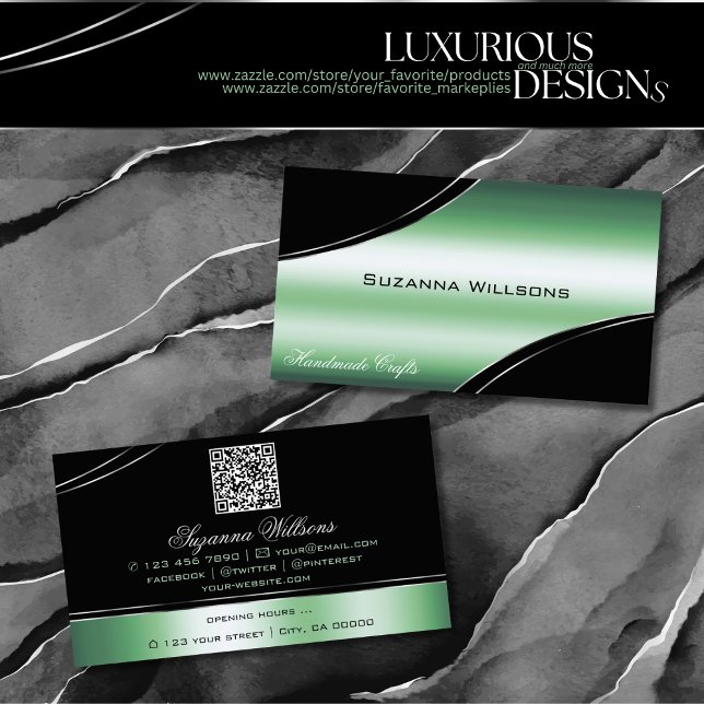 Classy Black Green Curved Deco Lines und QR Code Visitenkarte (Von Creator hochgeladen)