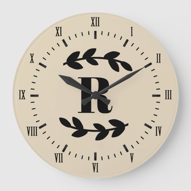 Classy Black Laurels Monogram Große Wanduhr (Vorderseite)