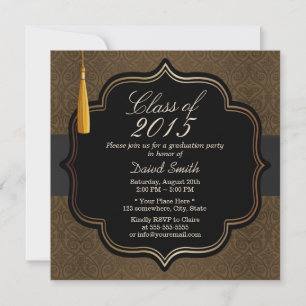 Classy Black Ribbon Brown Damask Graduation Party Einladung