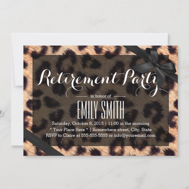 Classy Black Ribbon Leopard Print Retirement Party Einladung (Vorderseite)