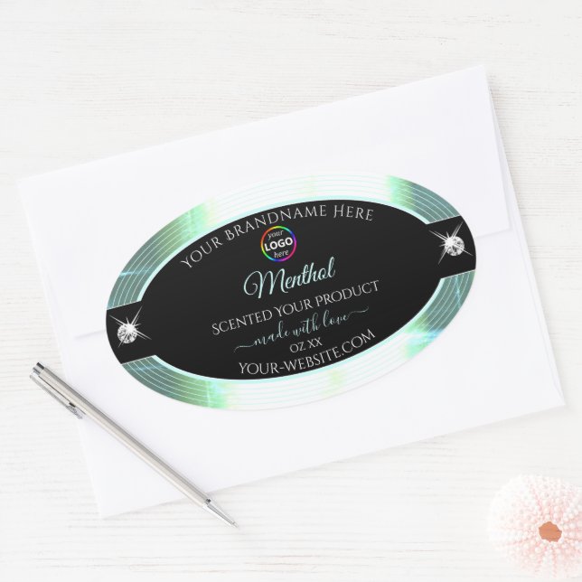 Classy Black Shiny Ice Blue Logo-Label Ovaler Aufkleber (Umschlag)