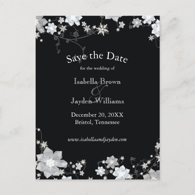 Classy Black + White Winter Wedding Save the Date Ankündigungspostkarte (Vorderseite)