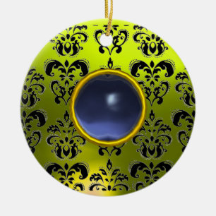 CLASSY BLACK YELLOW DAMASK GEM STONE KERAMIK ORNAMENT