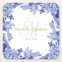 Classy Blue Chinoiseri Floral Wedding Couple Name Rechteckiger Pappuntersetzer