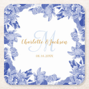 Classy Blue Chinoiseri Floral Wedding Couple Name Rechteckiger Pappuntersetzer