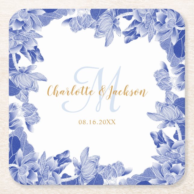 Classy Blue Chinoiseri Floral Wedding Couple Name Rechteckiger Pappuntersetzer (Vorderseite)