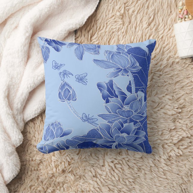 Classy Blue Modern Chinoiserie Chic Lotus Kissen (Decke)