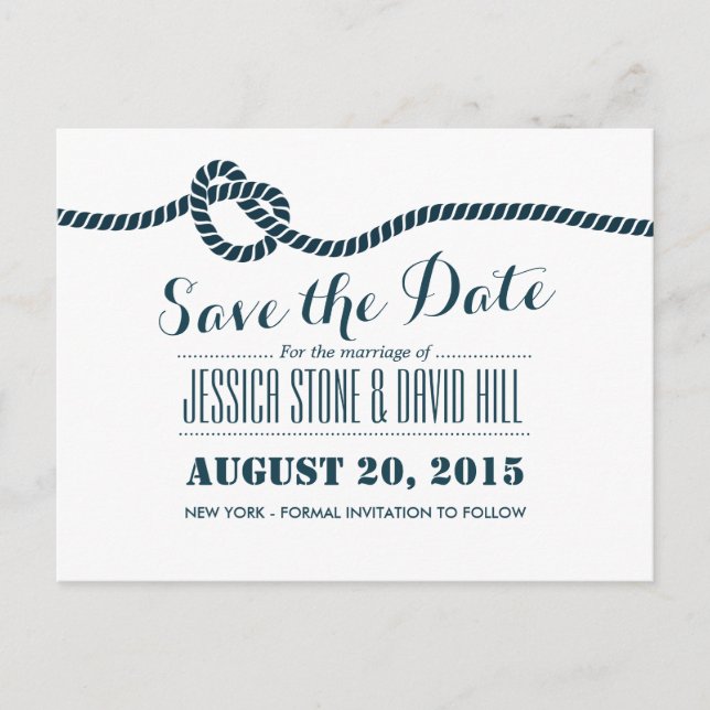 Classy Blue Rope Knot Wedding Save the Date Ankündigungspostkarte (Vorderseite)