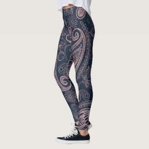 Classy Blue Rose Gold Glitzer Paisley Floral Leggings