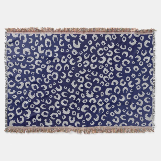 Classy Blue Silver Glitzer Leopard Animal Print Decke (Vorderseite)