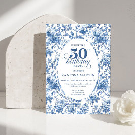 Classy Blue Toile de Jouy Floral 50th Birthday  Einladung