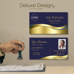 Classy Blue Wavy Gold Dekoration mit Logos und Fot Visitenkarte