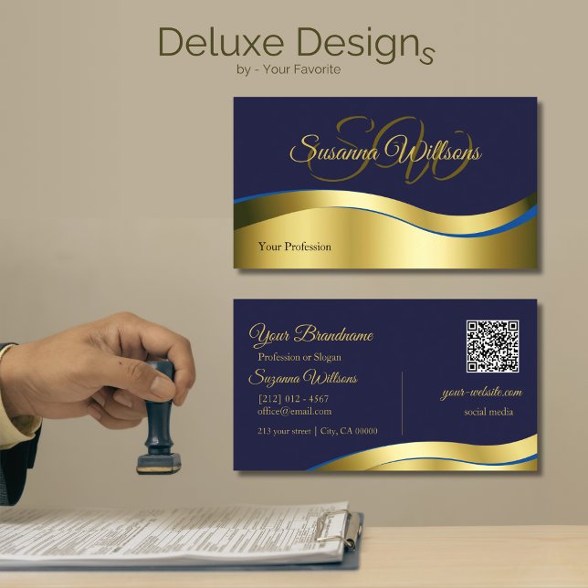 Classy Blue Wavy Gold Dekoration mit QR Code für d Visitenkarte (Von Creator hochgeladen)