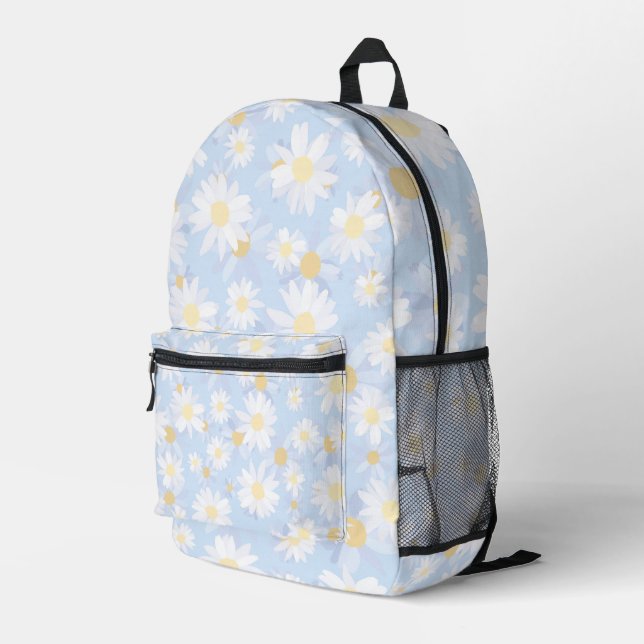 Classy Blue White Daisy Blume Bedruckter Rucksack (Rückseitige Ecke Rechts)