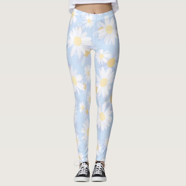 Classy Blue White Daisy Blume Leggings (Vorderseite)