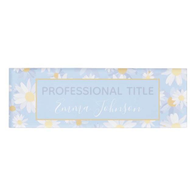 Classy Blue White Daisy Blume Namenschild (Vorderseite)