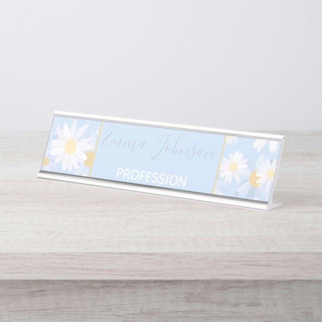 Classy Blue White Daisy Blume Schreibtischnamensplakette (Vorderseite )