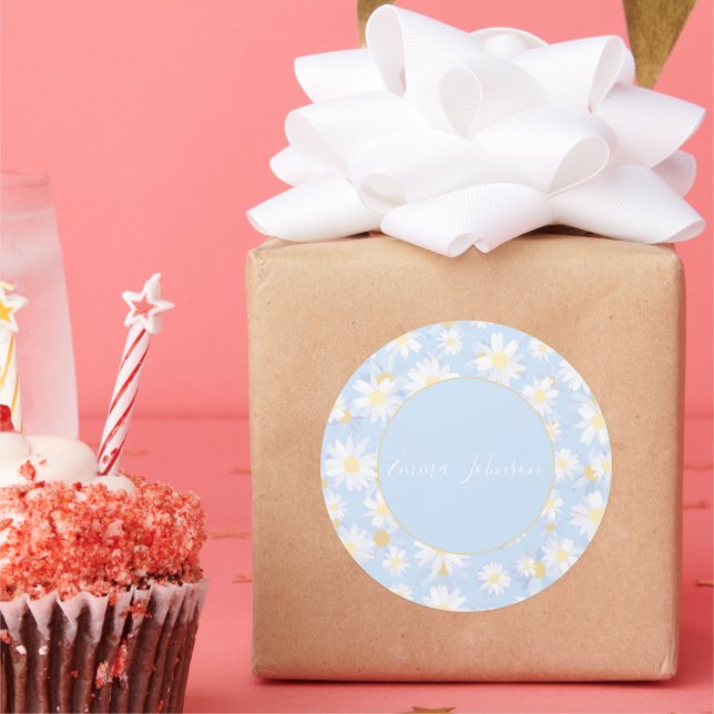 Classy Blue White Daisy Flowers Runder Aufkleber (Party)