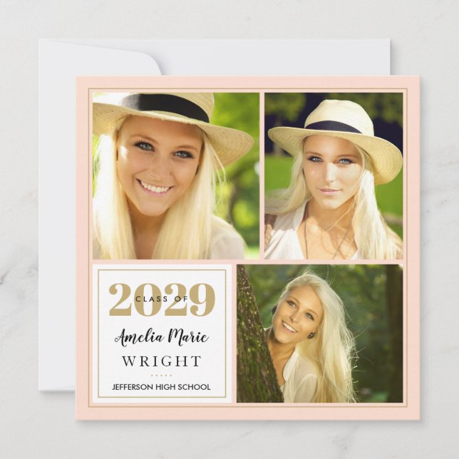 Classy Blush and Gold Foto Collage Abschluss Einladung (Vorderseite)