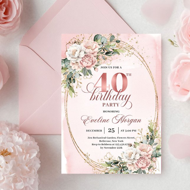 Classy Bohemian Blush Floral 40th Birthday Invites Einladung (Classy Bohemian Blush Floral 40th Birthday Invitation)