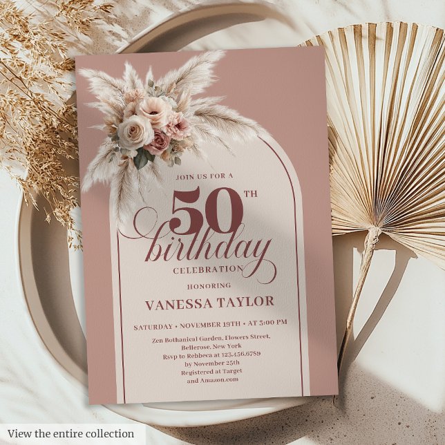 Classy Boho Dusty Rose Pampas Floral 50th Birthday Einladung (Classy Boho Dusty Rose Pampas Floral 50th Birthday)