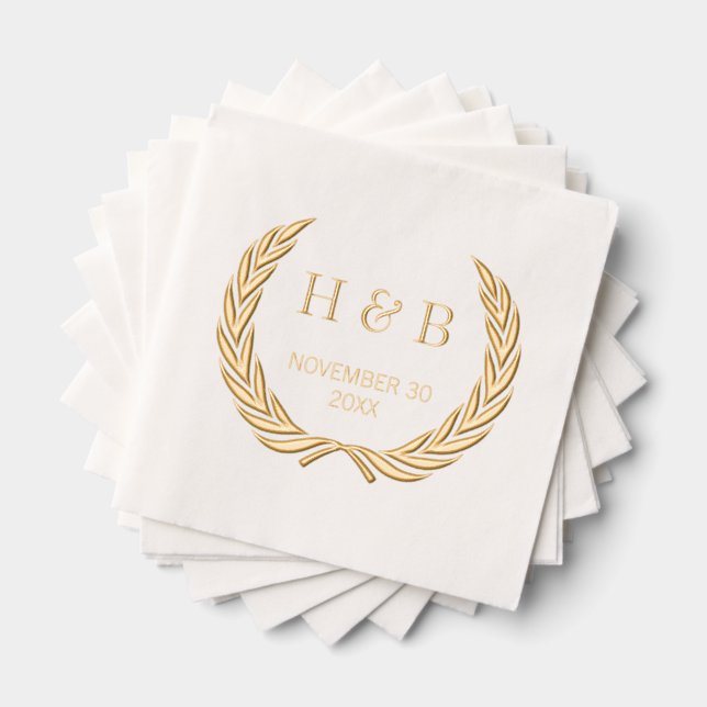 Classy Botanical Laurel Wreath and Couple Initials Servietten Mit Folie (Insitu (Gestapelt))