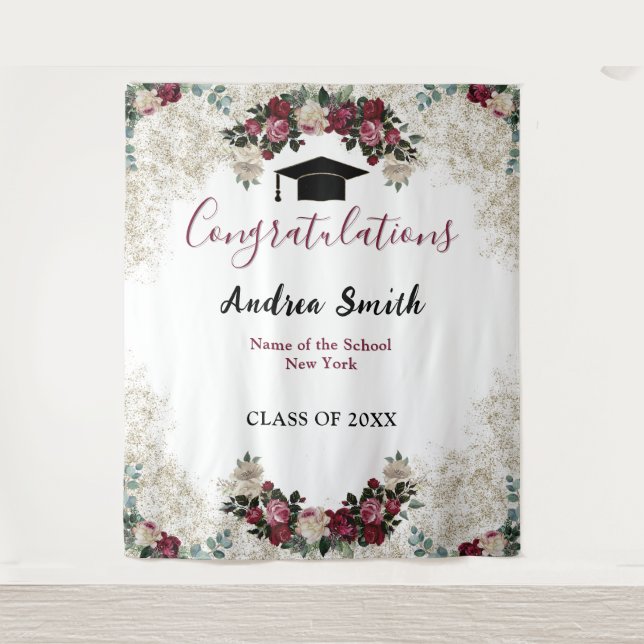 Classy Burgundy Red Floral Grad Foto Hintergrund Wandteppich (Vorderseite)