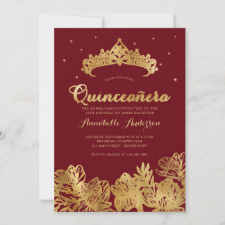 Classy Burgundy Red Gold Quinceañera Floral Tiara Einladung