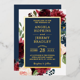 Classy Burgundy Red Navy Blue Floral Wedding Real Folieneinladung