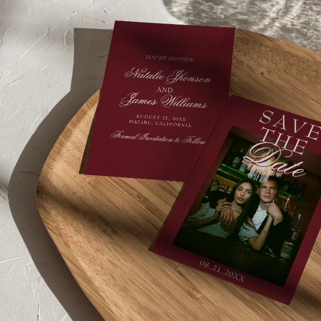 Classy Burgundy White Old Money Photo Wedding Save The Date (Von Creator hochgeladen)