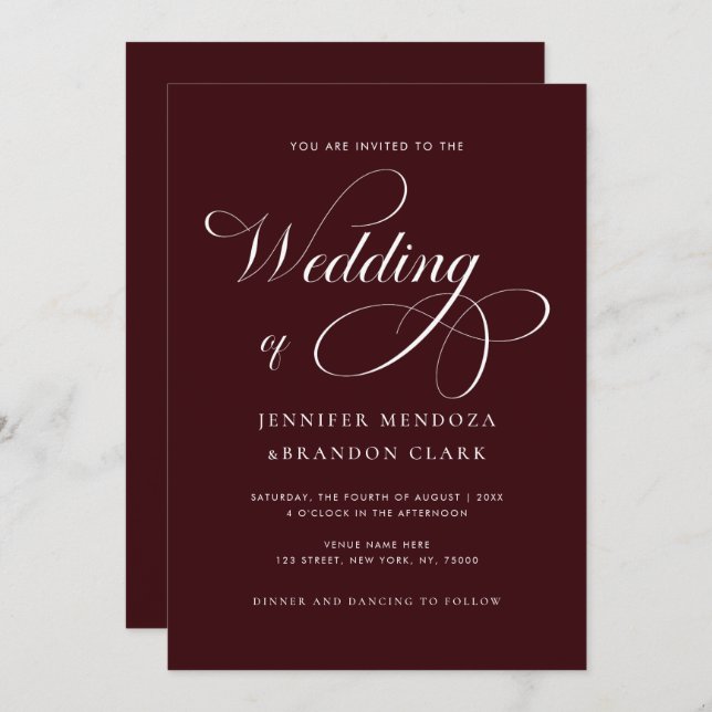 Classy Calligraphy Burgundy All in One Wedding Einladung (Vorne/Hinten)