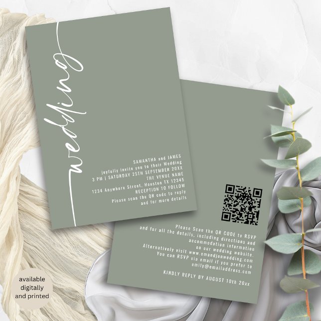 Classy Calligraphy QR Code Sage Green Wedding Einladung (Front and back view)