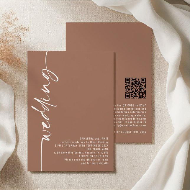 Classy Calligraphy QR Code Soft Brown Wedding Einladung (Front and back view)
