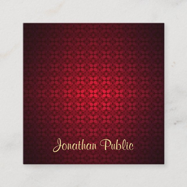 Classy Calligraphy Script Name Elegant Red Damask Quadratische Visitenkarte (Vorderseite)