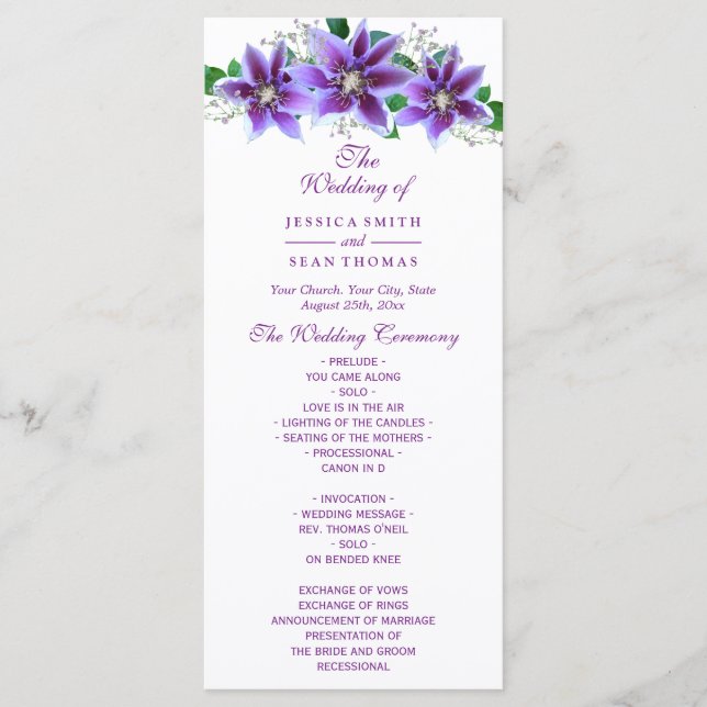 Classy Chic Clematis Hochzeitsprogramm Programm (Vorderseite)