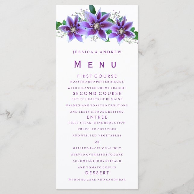 Classy Chic Clematis Wedding Menu Menükarte (Vorderseite)