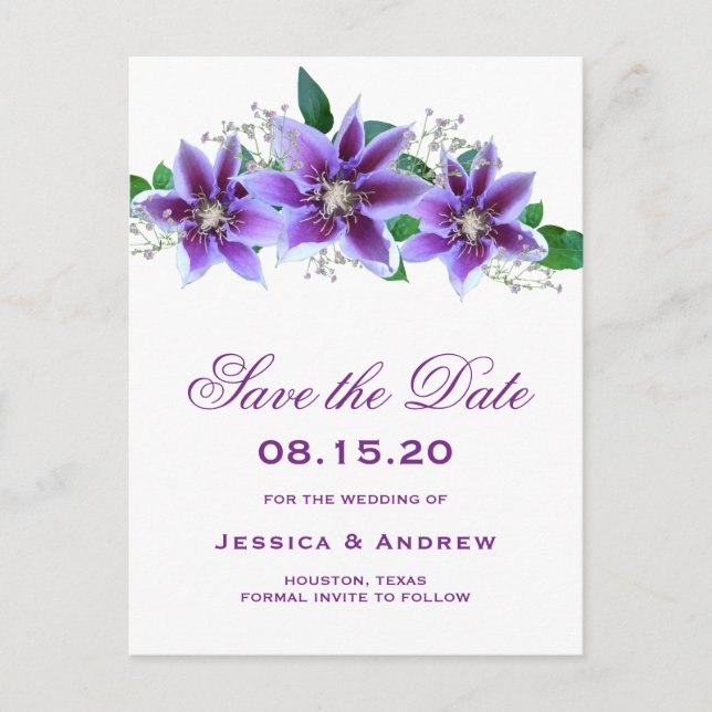 Classy Chic Clematis Wedding speichern das Datum Ankündigungspostkarte (Vorderseite)