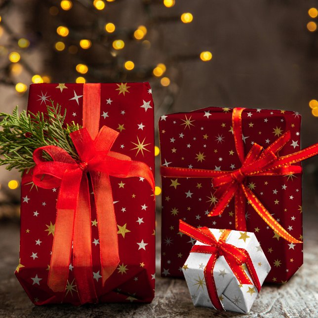 Classy Chic Elegant Gold Silver Red Christmas Star Geschenkpapier Set (Von Creator hochgeladen)
