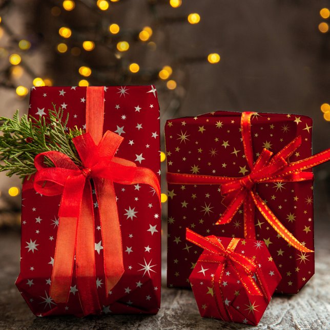 Classy Chic Elegant Gold Silver Red Christmas Star Geschenkpapier Set (Von Creator hochgeladen)