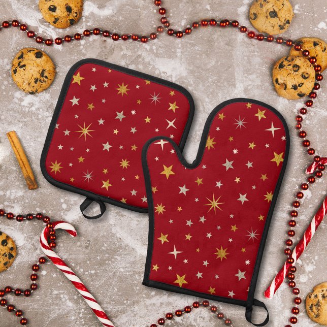 Classy Chic Elegant Gold Silver Red Christmas Star Ofenhandschuh & Topflappen-Set (Von Creator hochgeladen)