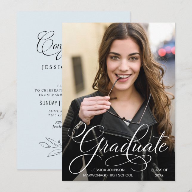 Classy Chic Elegant Script FOTO Graduation Party Einladung (Vorne/Hinten)